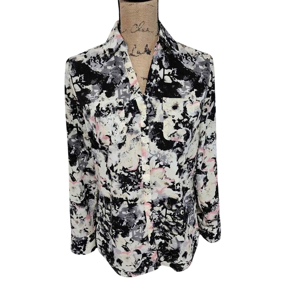 Talbots Women 2 Black White Pink Abstract Floral Button Down Blouse Shirt Pocket